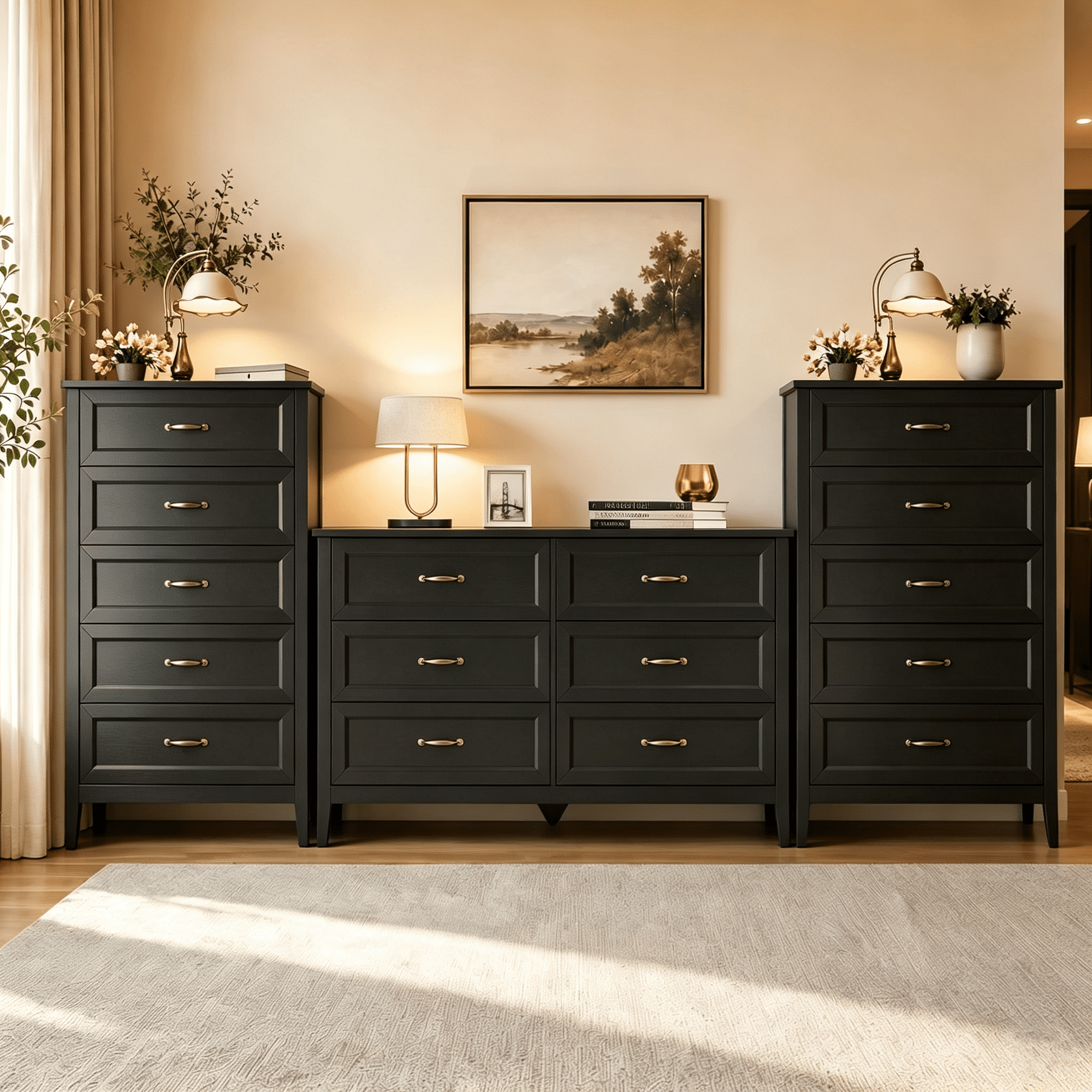 3-Piece Bedroom Dresser Set, Gizoon 6-Drawer Dresser and 2 × Tall 5-Drawer Chests, Wooden Storage Furniture for Bedroom Closet, Black