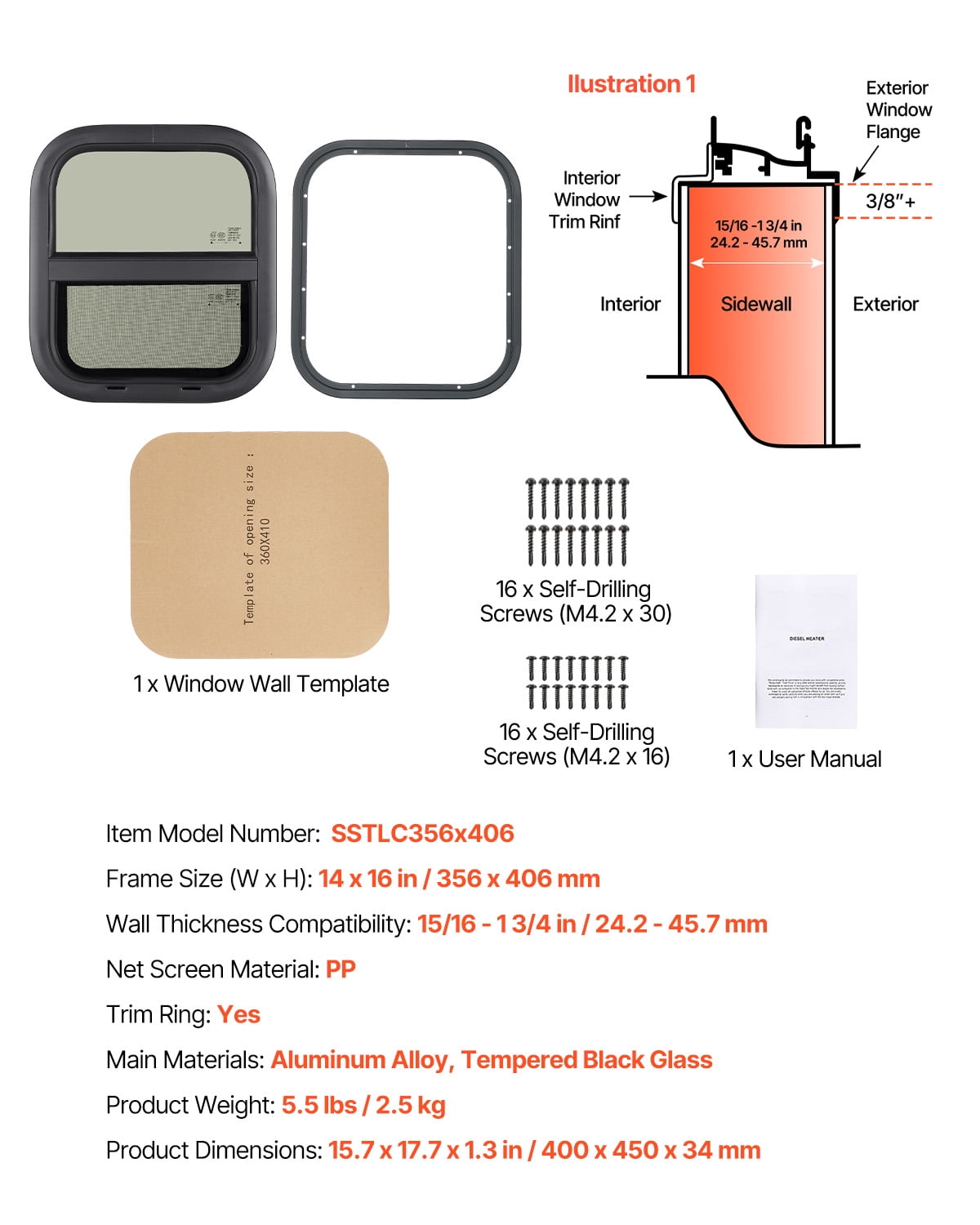 KFFKFF Upright RV Window, Dimensions 14" W x 16" H, Shaded Sliding RV Window with Mesh Screen & Decorative Ring, Suitable for 15/16" - 1 3/4" Wall Thickness, RV Window, DOT Certified