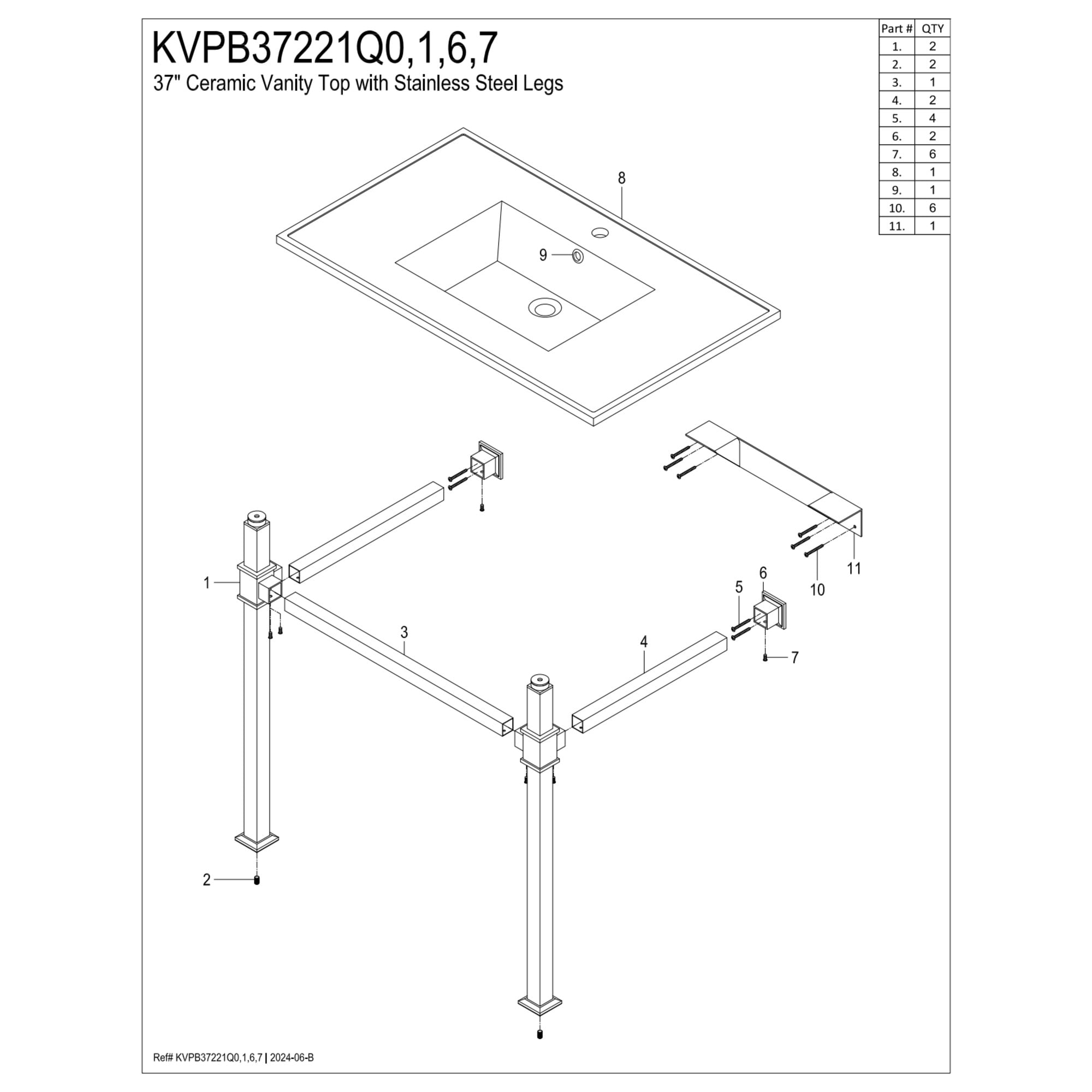 Kingston Brass KVPB37221Q0 Monarch 37" Ceramic Console Sink with Stainless Steel Legs (1-Hole), White/Matte Black