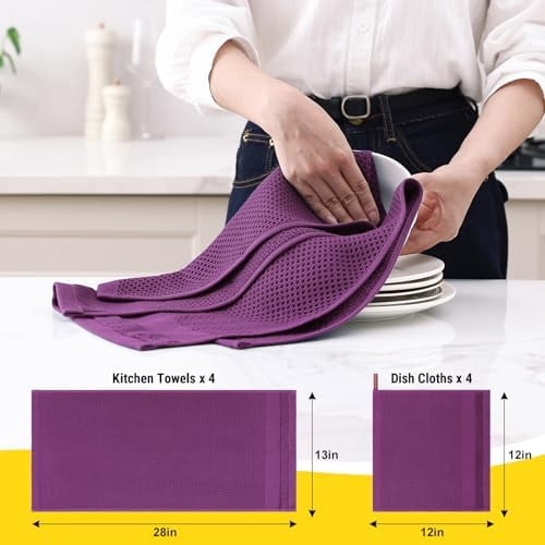 Kitchen Towels and Dishcloths Set, 12 x 12 and 13 x 28 Inches, Set of 8 100% Cotton Waffle Weave Kitchen Towels, Super Soft and Absorbent Dish Cloths, Purple