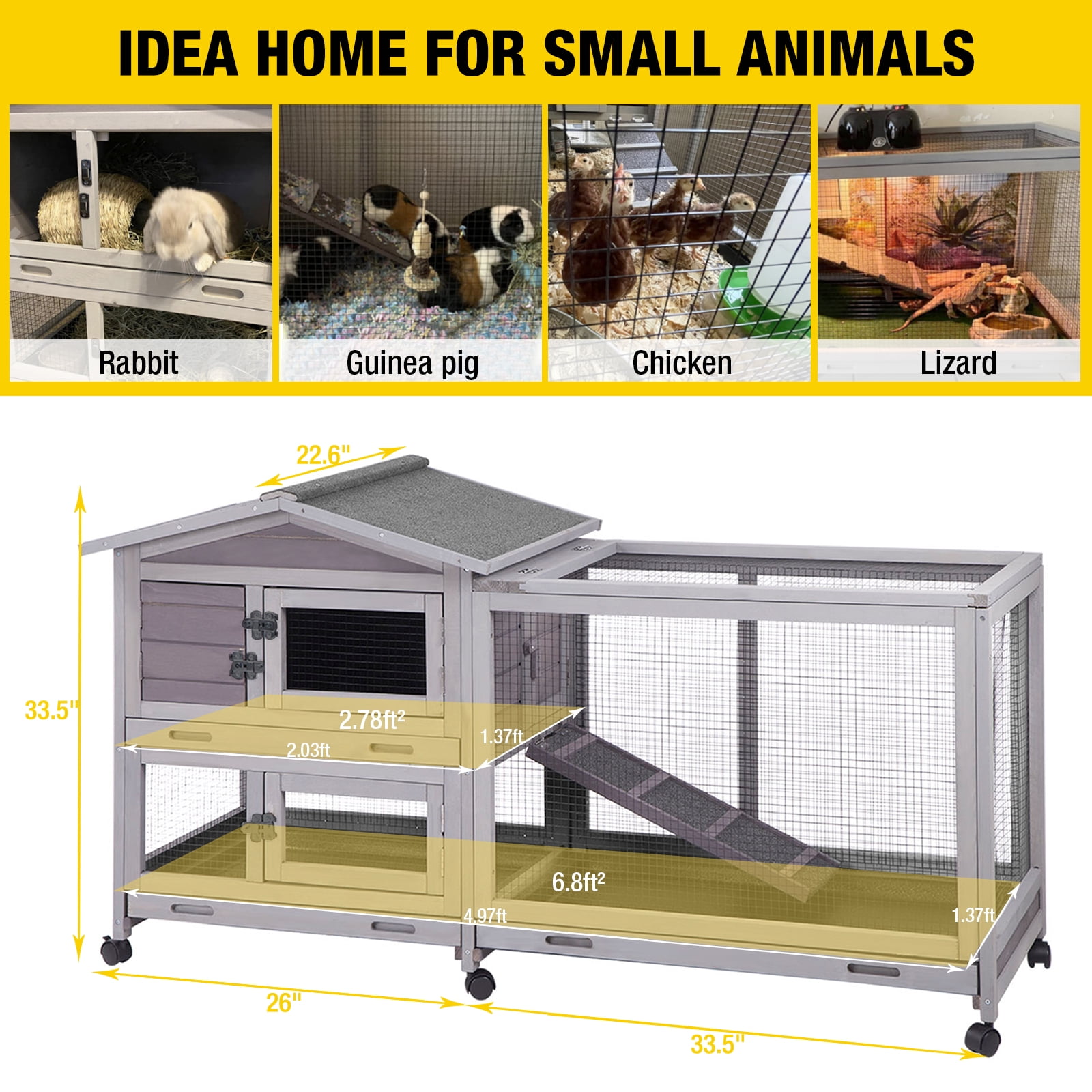 AIVITUVIN Outdoor Rabbit Hutch Indoor Bunny on Wheels Large Guinea Pig Cage with Run for Any Small Animals,Removable Pull Out Tray