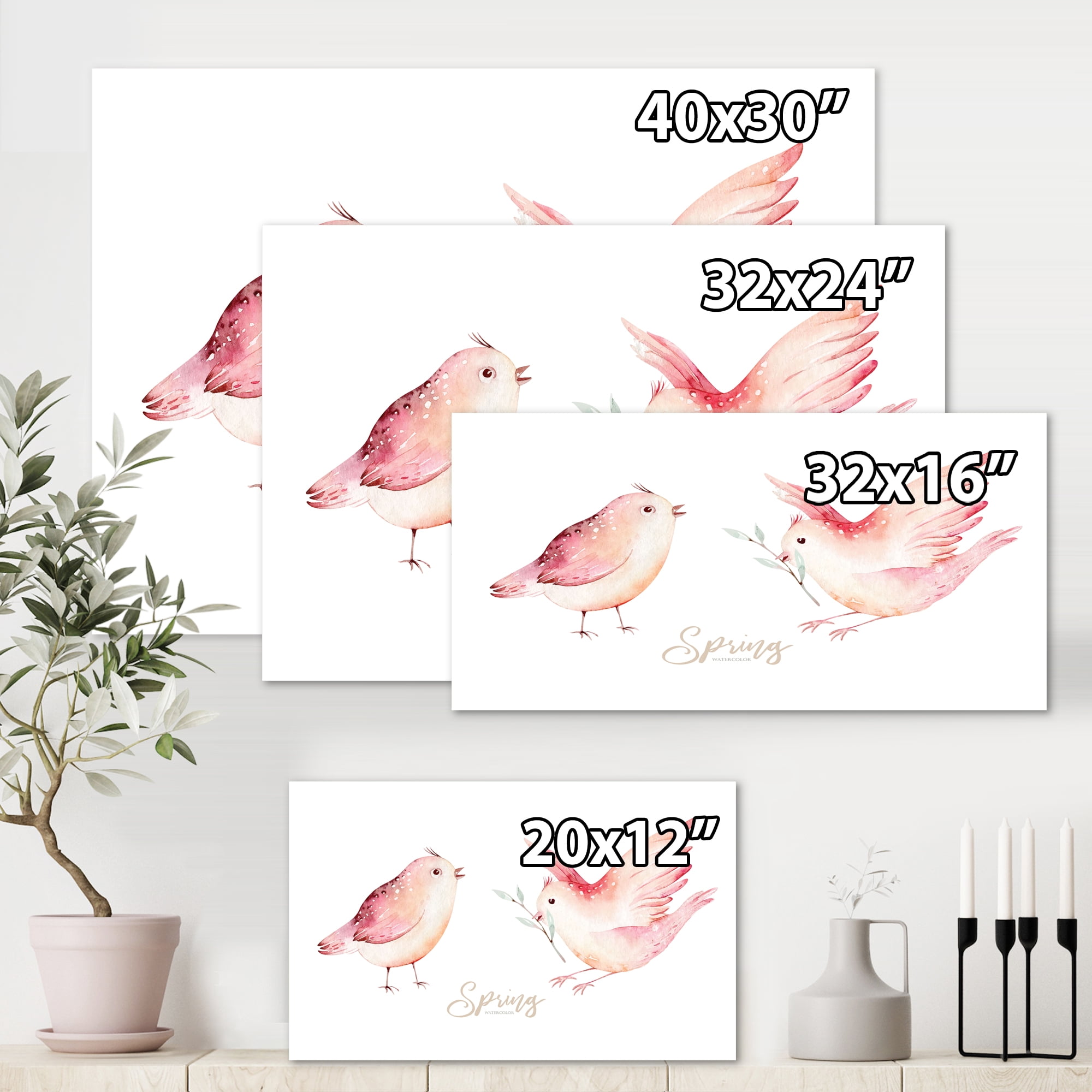 Designart ' Spring Bird With Green Leaves On White ' Traditional Canvas Wall Art Print