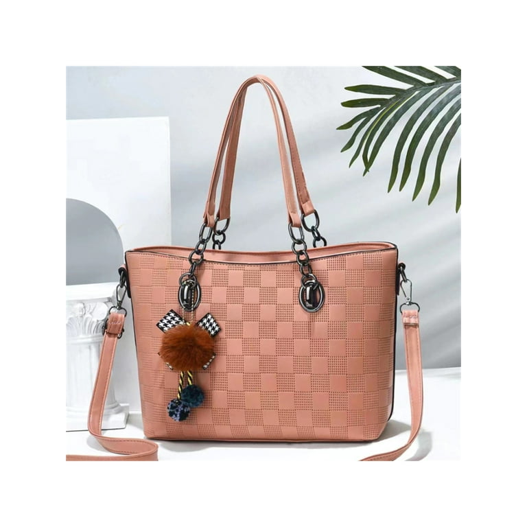 PU Leather Tote for Women Checkered Crossbody Shoulder Bags Purses Handbags  Top Handle Satchel (Rose Pink)