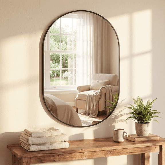 JIOABL 24"X36" Oval Mirror, Shatterproof Tempered Glass, Aluminum Alloy Frame for Bedroom, Hallway, Living Room, Black