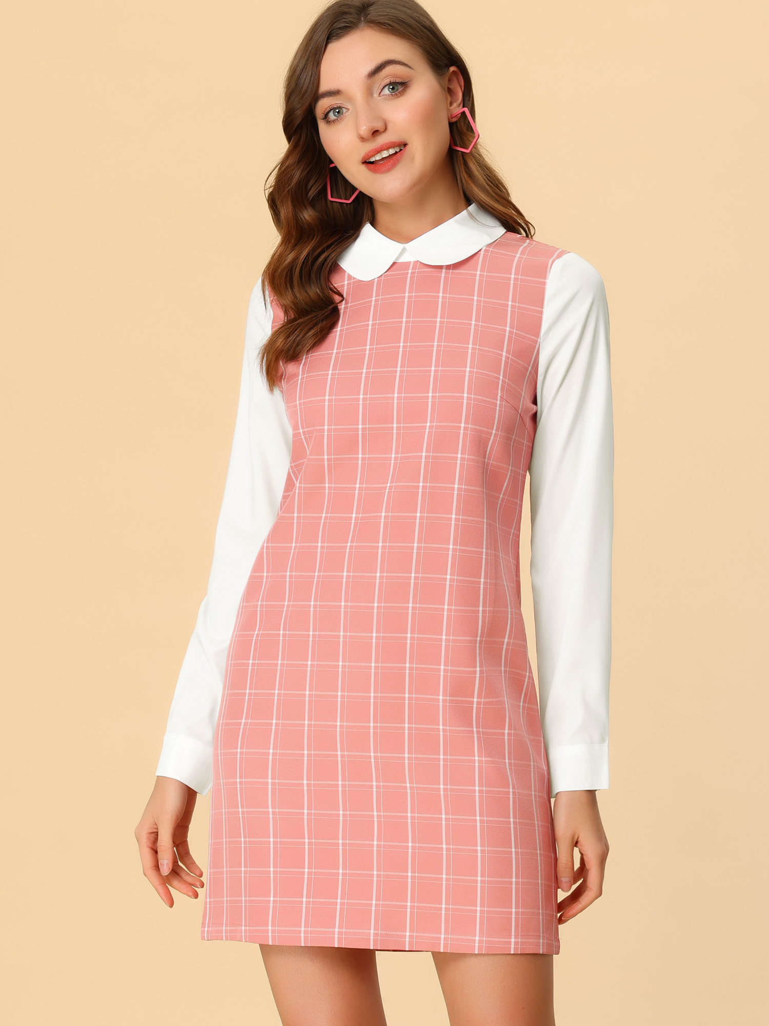 DARING DIVA Women's Peter Pan 60s Color Block Mini Long Sleeve Dress M Pink