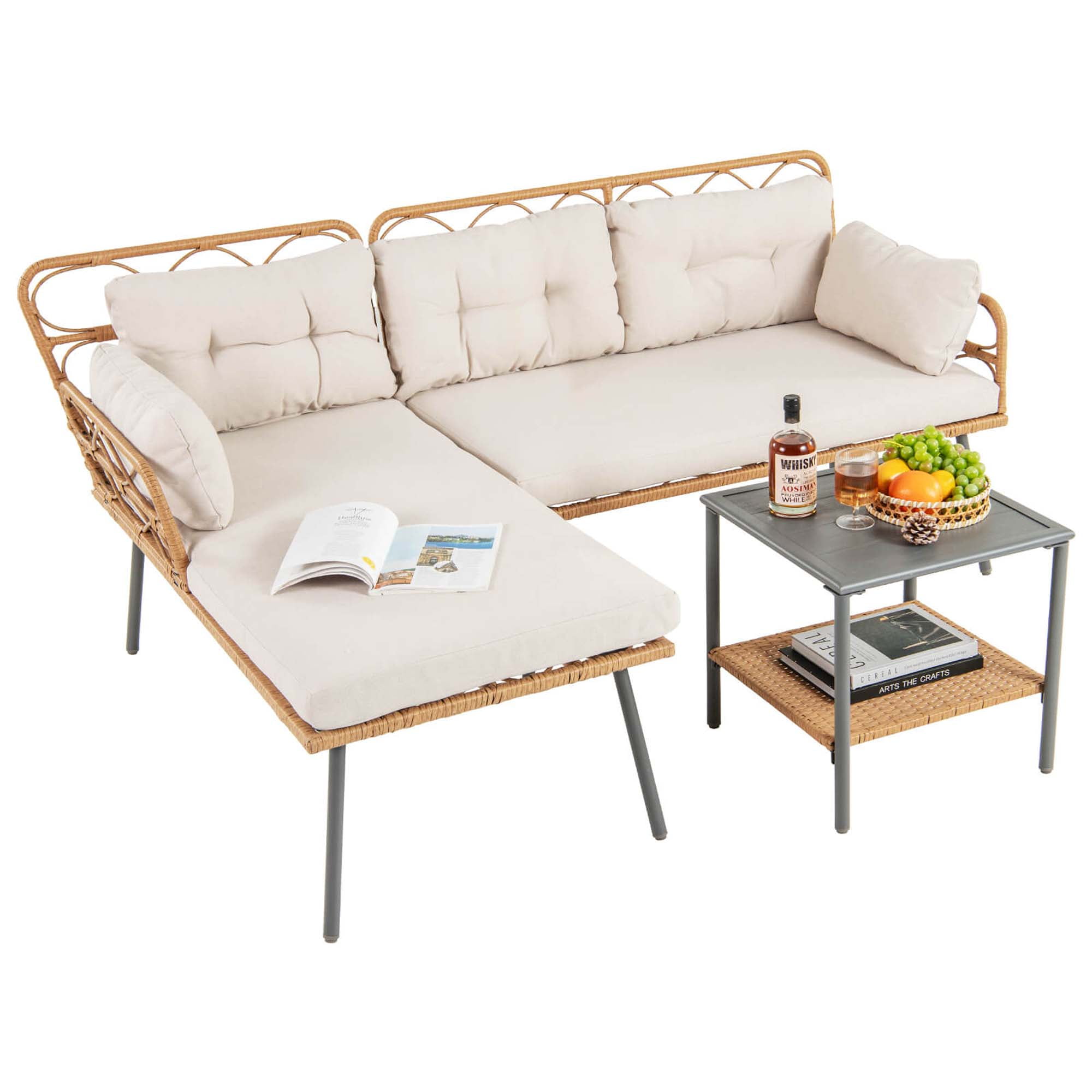 Costway 3 PCS Corner Patio Furniture Cushioned Sofa Set with Small Coffee Table Outdoor