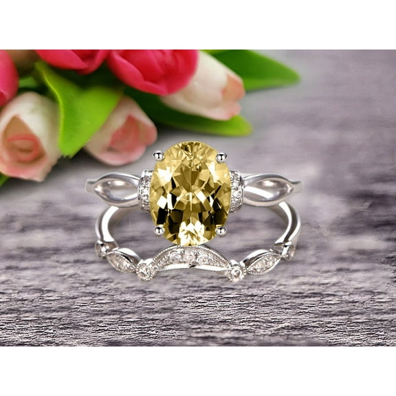 2 Carat 8x6mm Oval Cut Champagne Diamond Moissanite Bridal Ring Set With Curved Loop Stacking Matching Wedding Band On 10k White Gold