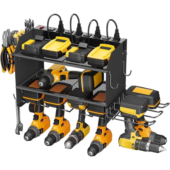 Modular Power Tool Organizer Wall Mount Charging Station, Black 6 Drills Holder with 8 Plug Power Strip, Garage Drill Battery Heavy Duty Metal Shelf, Utility Rack with Hooks, Side Storage.