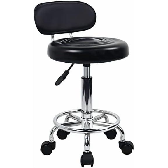 PU Leather Modern Rolling Stool with Low Back Height Adjustable Work Salon Drafting Swivel Task Chair with Footrest (Black)