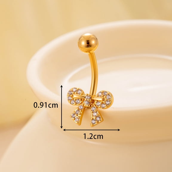 1 pc 316L Surgical Stainless Steel Clear Cubic Zirconia Curved Barbell Belly Rings Golden Bowknot 12x9.1mm