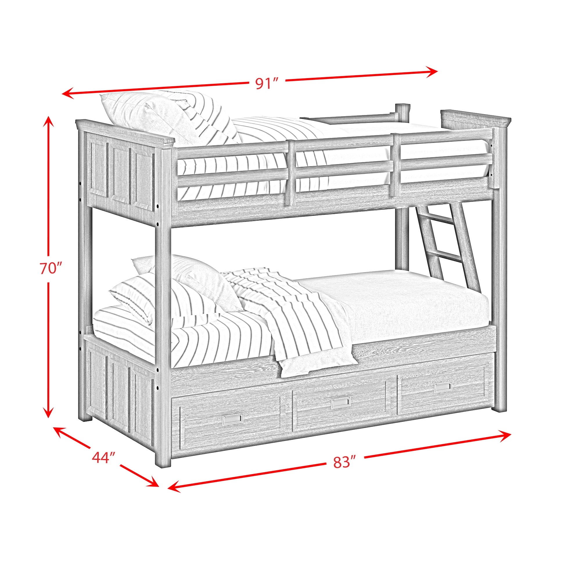 Brooklyn Kids Twin Over Twin Bunk with Ladder and Trundle in Charcoal
