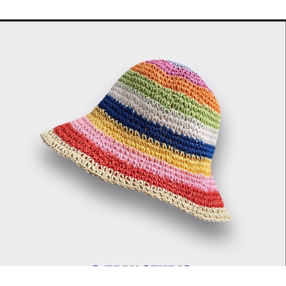 SikaFu Rainbow Straw Hat Women's Summer Outage Sunscreen Beach Fisherman's Hat Straw Weaving Stripe Covering Basin Hat