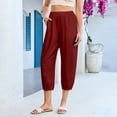 thumbnail image 6 of Capri Pants for Women Linen Barrel Petite Pants High Waisted Pull On Elastic Waist Casual Summer Capris Beach Vacation Trouser Wine XL, 6 of 6