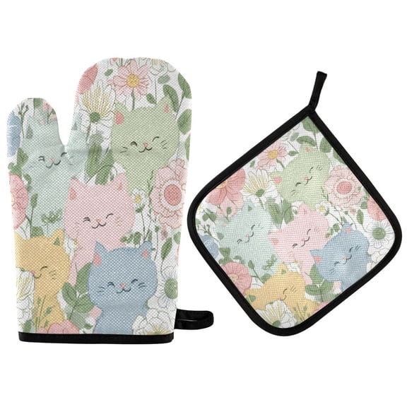 Heat-Resistant Reversible Oven Mitts and Pot Holders Set Double-Sided Insulated Gloves Kitchen Home Supplies Pastel-colored Cats and Flowers