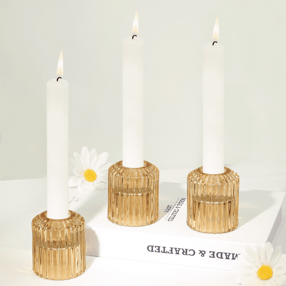 HofferRuffer Ribbed Glass Candle Holders, 2 in 1 for Home Decor Weddings Table, Amber, Set of 3