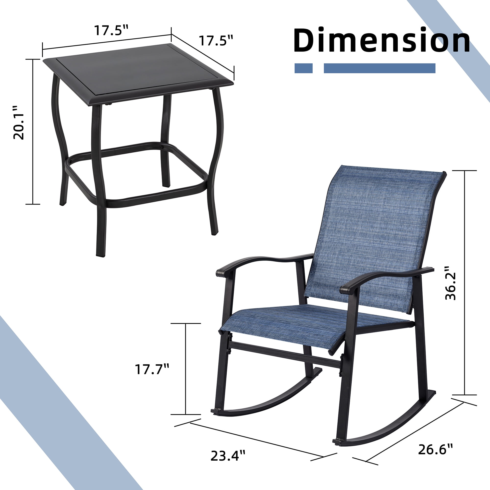 Walsunny 3 Pieces Rocking Bistro Patio Furniture Rocker Set with 2 Outdoor Rocking Chairs and 1 Glass Coffee Table for Porch Deck Lawn,Deep Blue