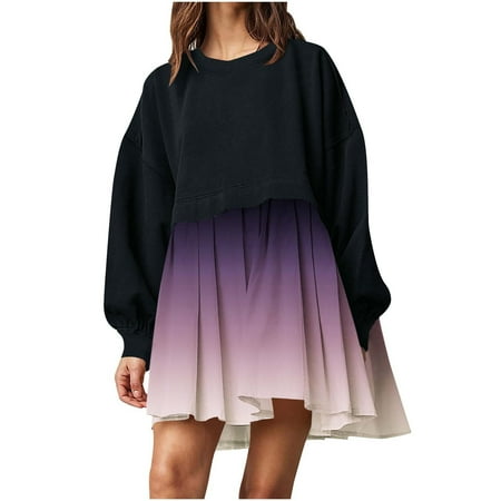 Dwaogom Fashion Women s Casual Over Sized Sweatshirt Long Sleeve Dress Round-Neck Ladies Patchwork Mini Dresses Halter Dresses For Women Glittery Dress For Women Renaissance Bag