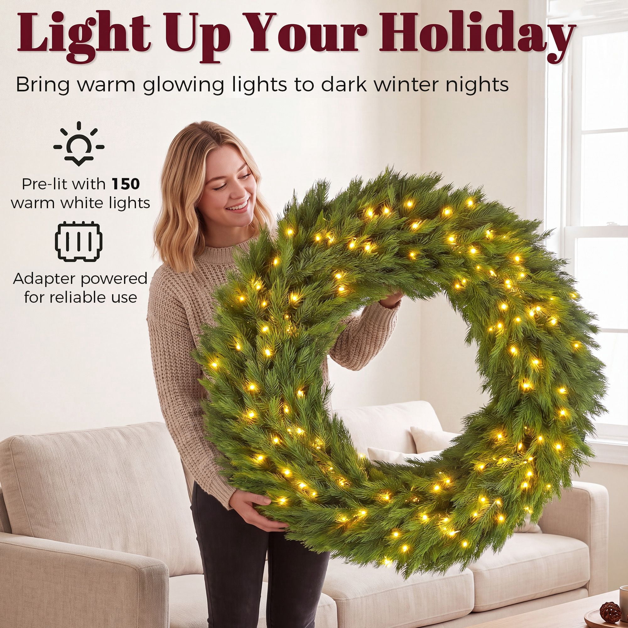 Pre-Lit Artificial Christmas Wreath, 48 in Norwegian Spruce with 150 Warm White LED Lights, 750 Branch Tips, Indoor and Covered Outdoor Holiday Door Decor