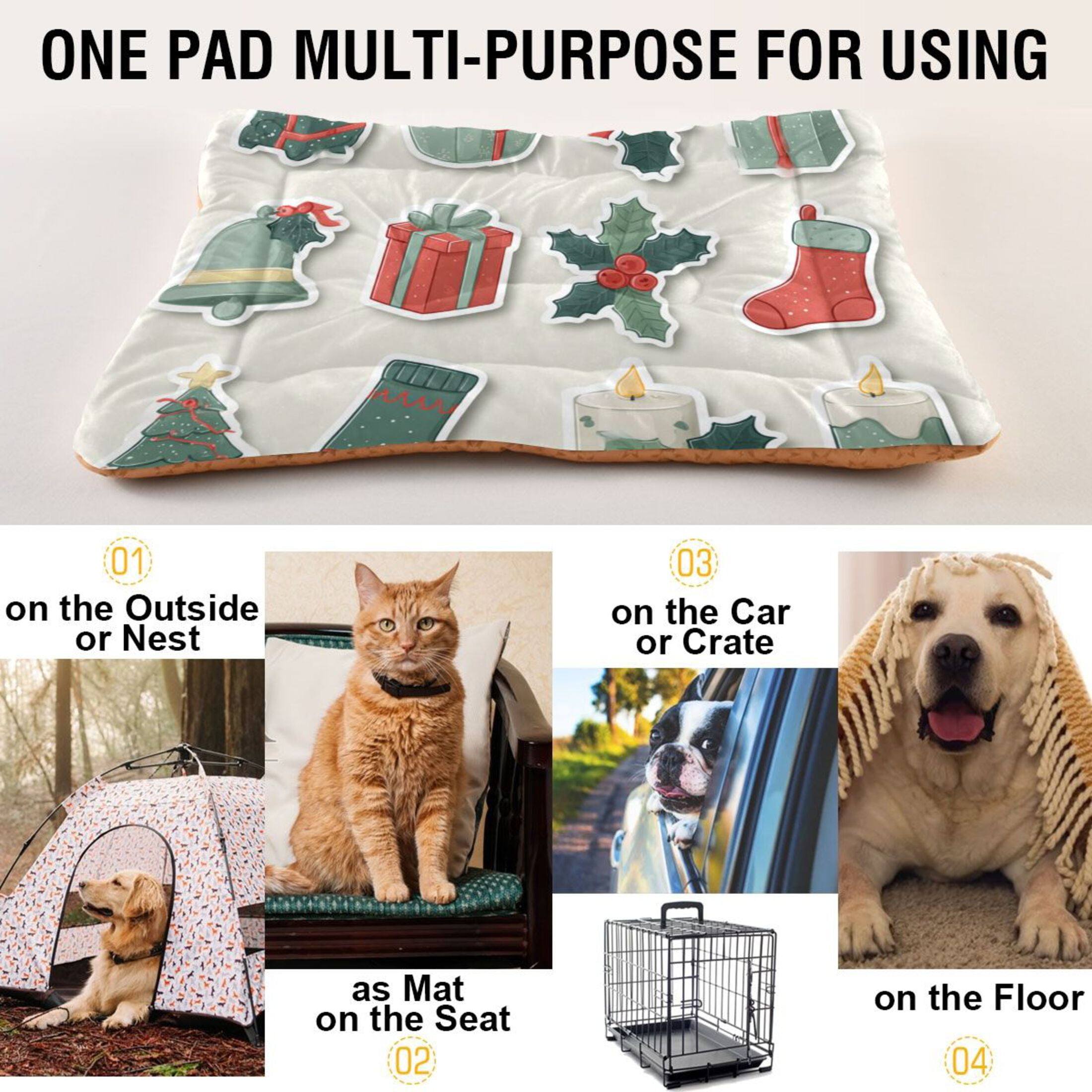Cozy Mat Pet Bed Indoor Outdoor Warm Soft For Cat Dog Puppy(S/M) Holly Leaves and Berries