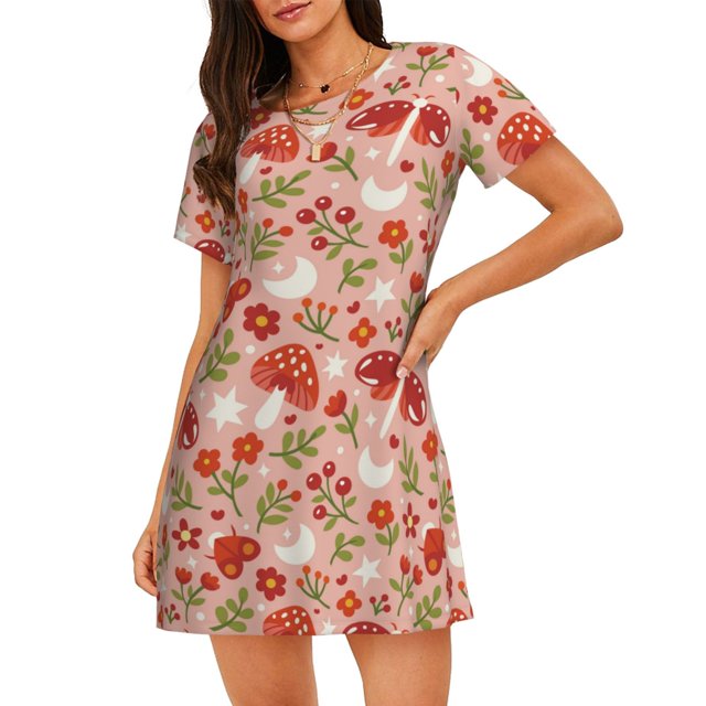 Disketp Dragonfly Mushroom para Camisón Corto de Manga Corta para Mujeres, Camisón Cómodo con Escote Redondo, Bonito y Confortable