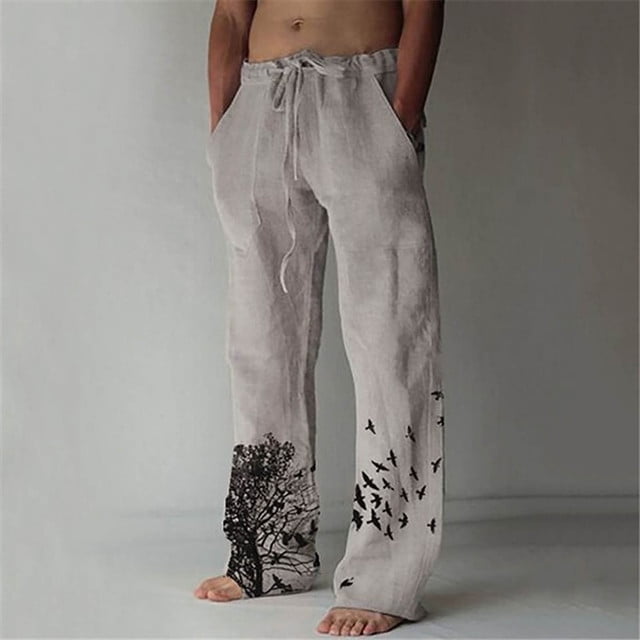 CHUANK Men‘S Cotton Linen Trousers Daily Casual Loose Solid Color Trousers Drawstring Elastic Waist Retro Print Solid Color Trousers
