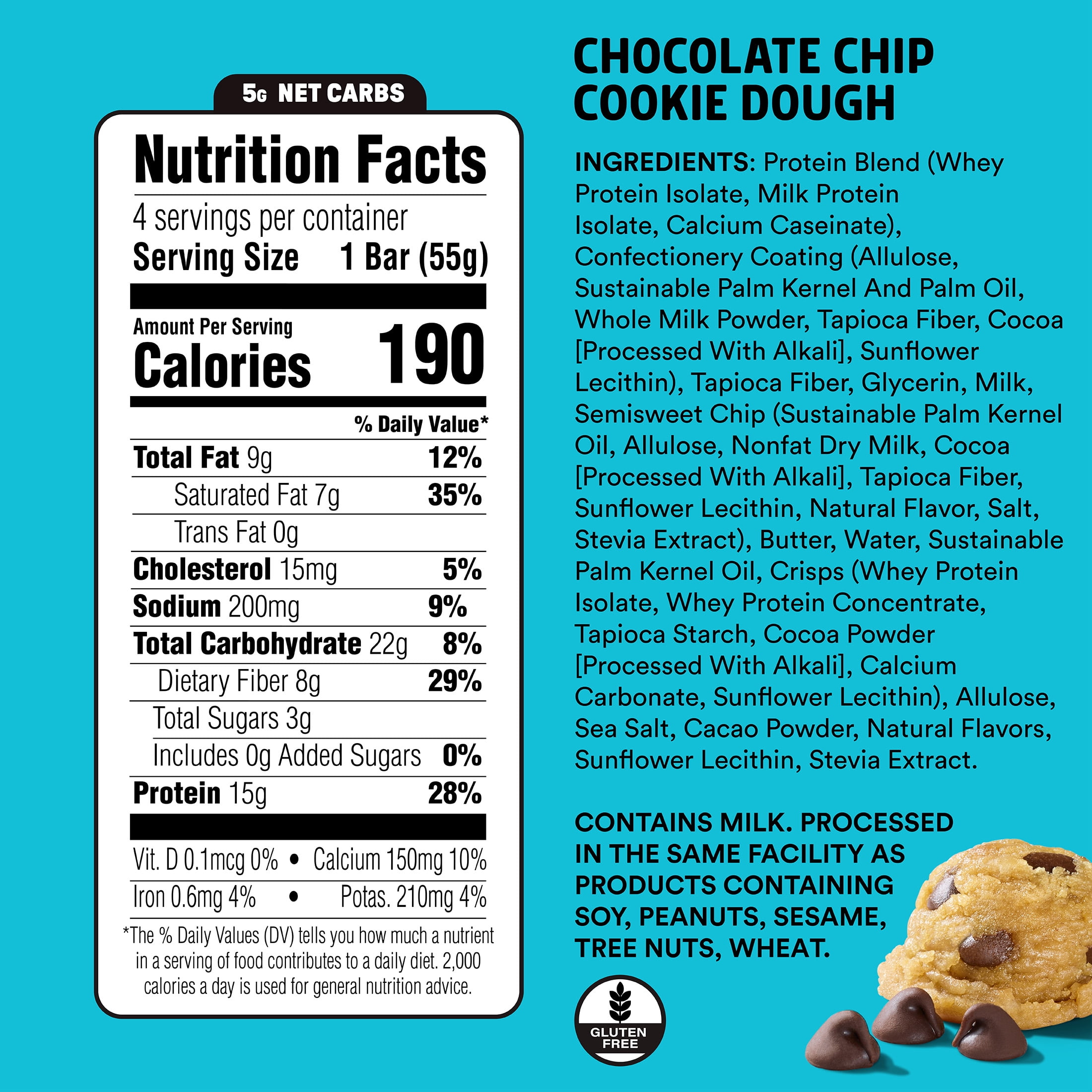 JUNKLESS Chocolate Chip Cookie Dough Protein Bar, 15 g Protein, High Fiber, Gluten Free, 1.9 oz, 4 Count