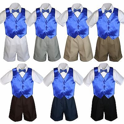 4pc Set Boy Toddler Formal Gold Vest and Bow tie White Navy Khaki Shorts S-4T