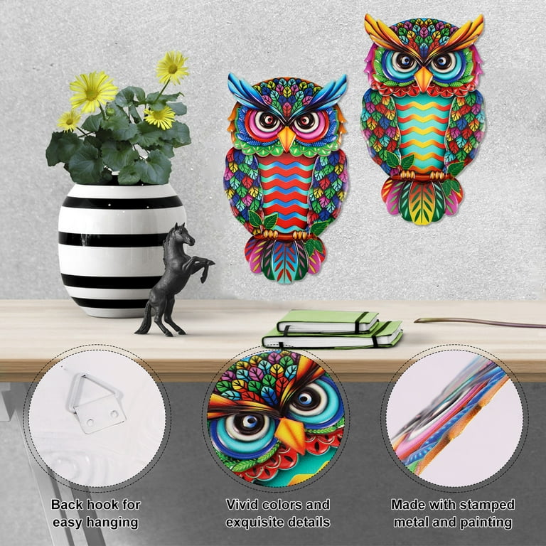 Dznils 2 Pcs 10 Inches Metal Owl Wall Decor - Colorful