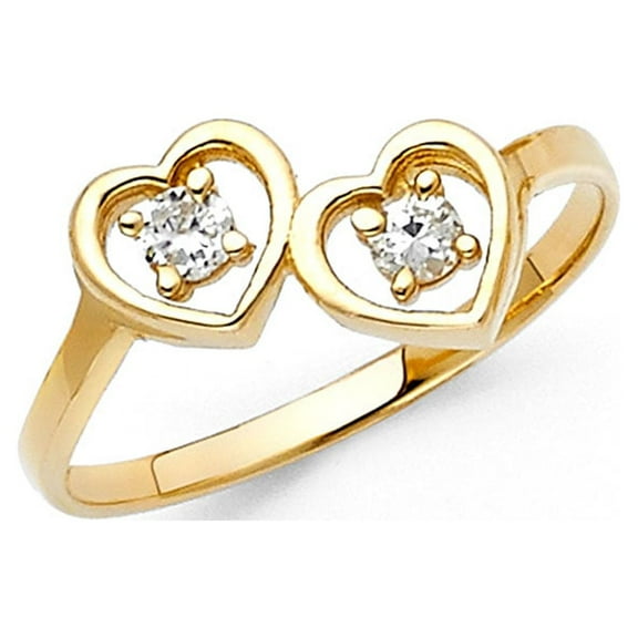 Heart Ring Solid 14k Yellow Gold Love Band CZ Two Hearts Together Curve Polished Finish Fancy, Size 7