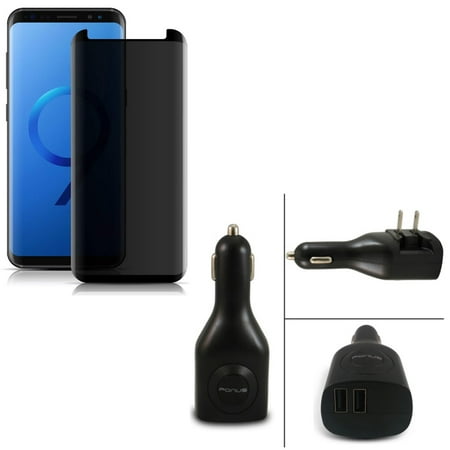 Screen Protector Car Charger - Compatible With Samsung Galaxy S9 - Anti-Peep Privacy Tempered Glass Screen Protector 3D w 2-in-1 Car Home Charger Power Adapter Dual USB Port