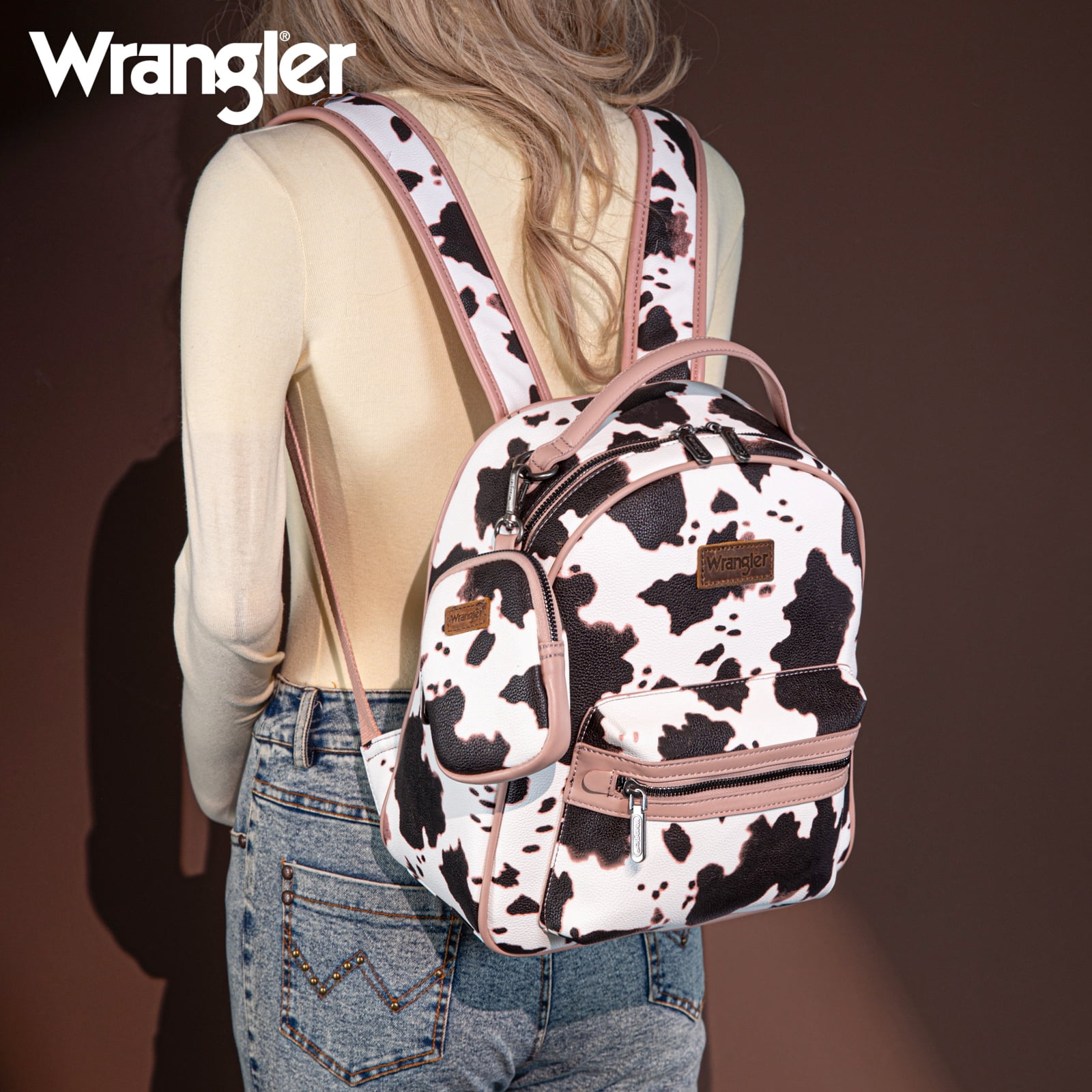Wrangler Mini Backpack Cute Cow Print Backpack Purse for Women, Allover Cow Print Pink
