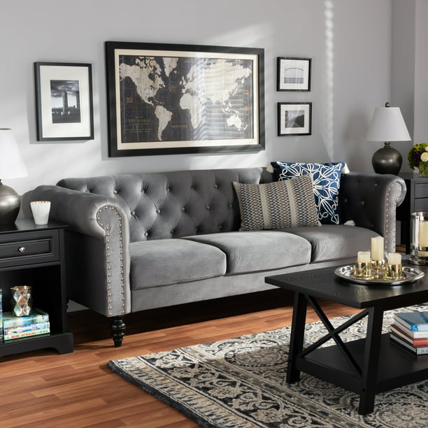 Baxton Studio Emma Traditional And Transitional Grey Velvet Fabric Upholstered And Button Tufted Chesterfield Sofa Walmart Com Walmart Com