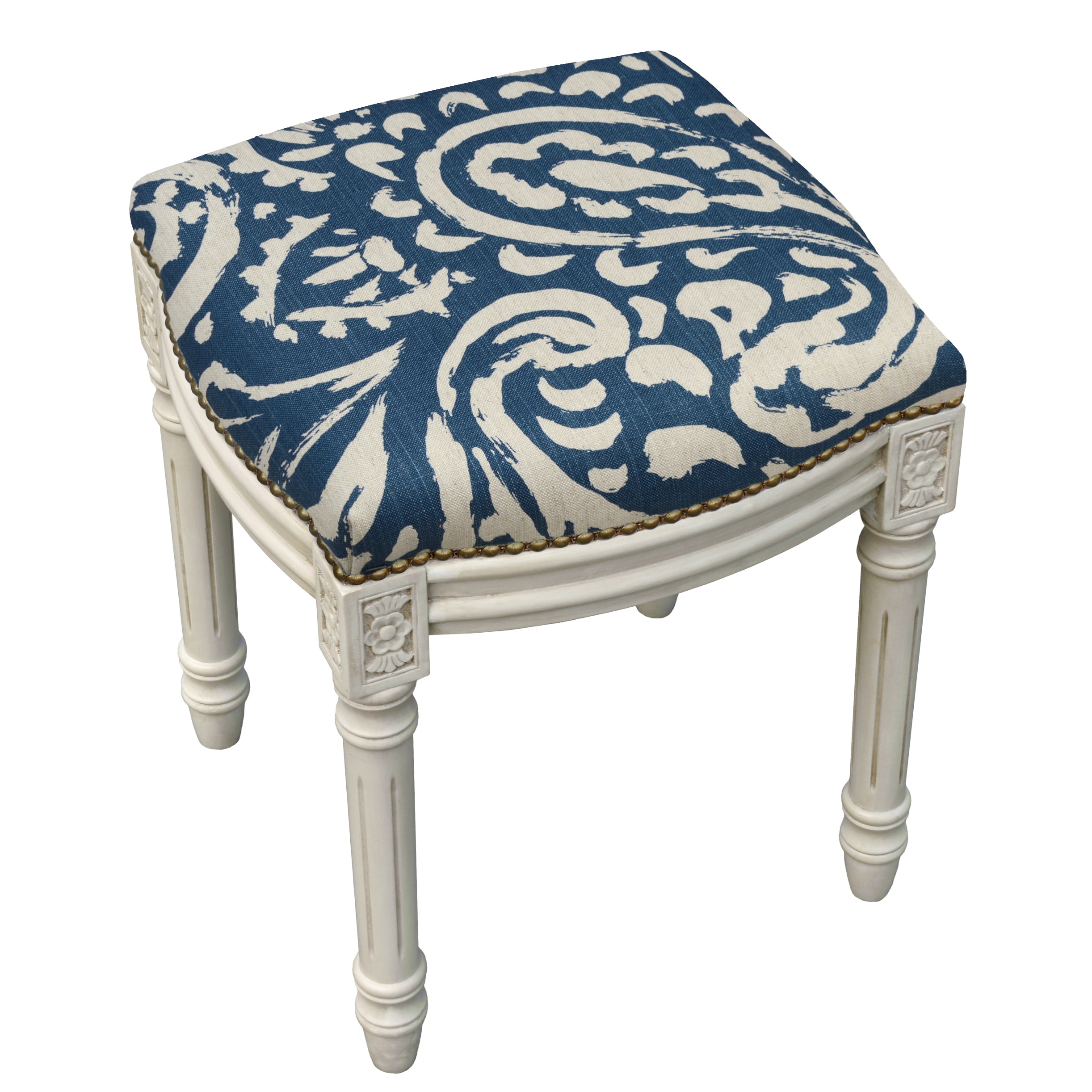 123 Creations Paisley Antique White Finish Nailheads Vanity Stool Blue Walmart Com Walmart Com