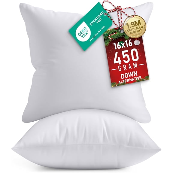 16x16 Pillow Inserts, Set of 2, White – Indoor Decorative Throw Pillows for Bed, Sofa & Couch – Soft, Supportive & Fluffy Cushion Inserts