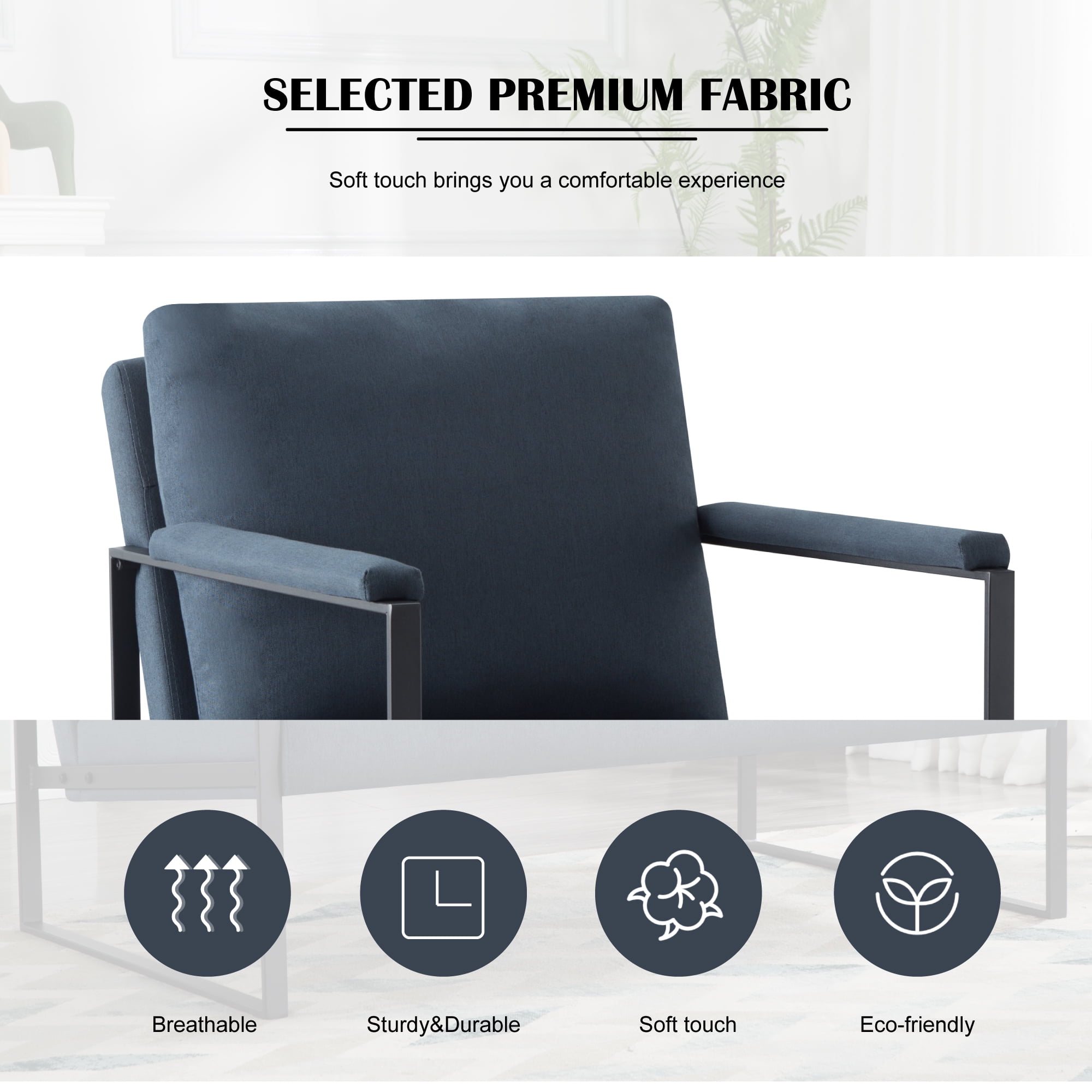 Gewnee Dark Blue 26.8” Metal Frame Accent Armchair, Linen Blend Upholstery with Removable Cushion for Home Office Study