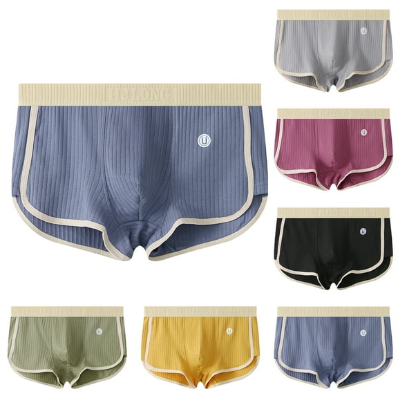 zeranth Men Boxer Underwear Mid-rise Elastic Waistband Patchwork Color Shorts Briefs U-convex Ribbed Panties Daily Wear
