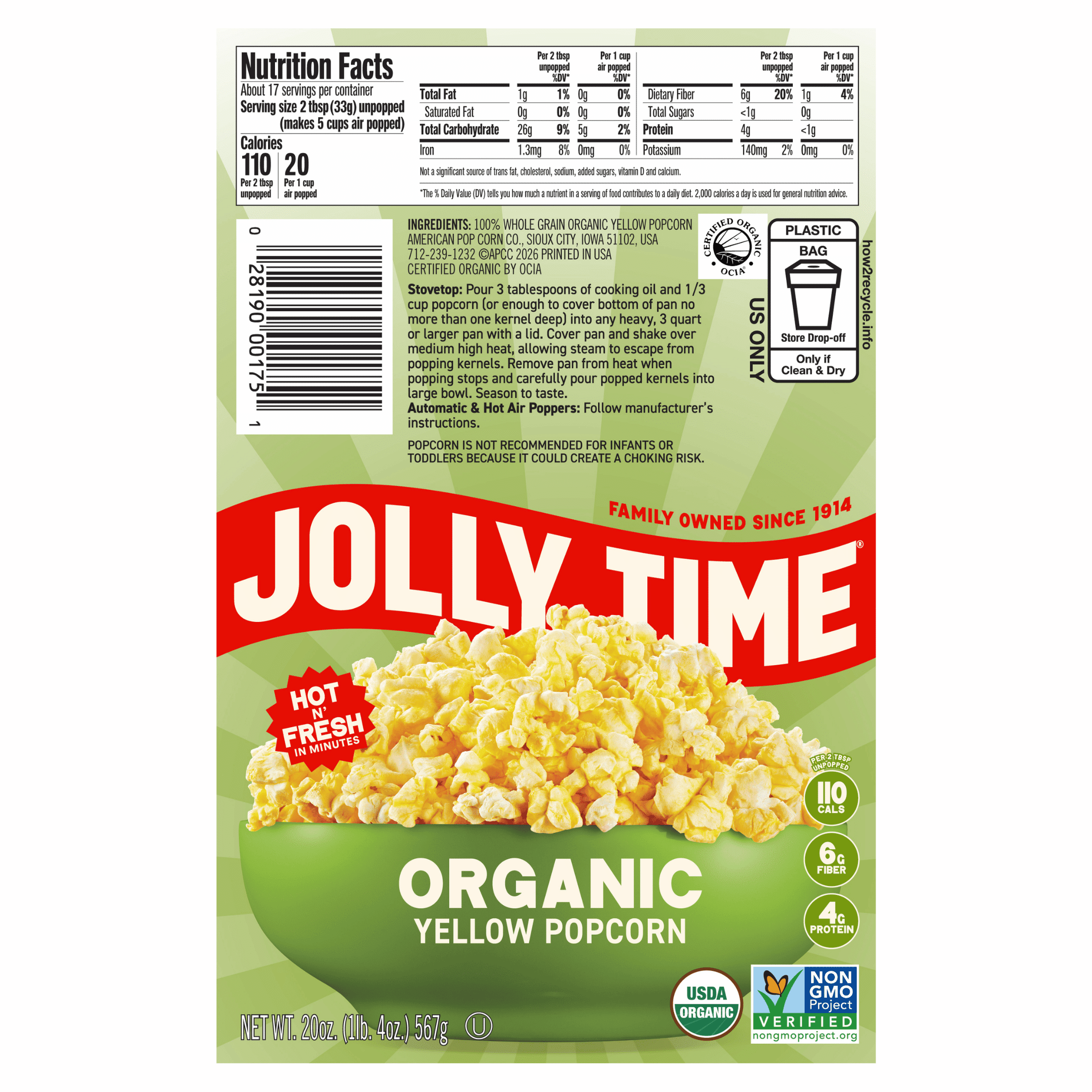 (4 pack) Jolly Time Organic Yellow Kernel Popcorn 20 oz