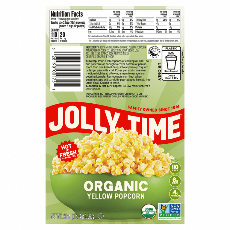 2 pack) Jolly Time Organic Yellow Kernel Popcorn 20 oz - Walmart.com