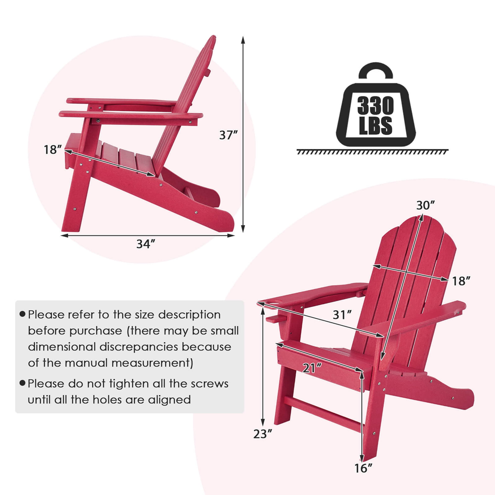 Costway 2 PCS Patio Adirondack Chair Weather Resistant Garden Deck with Cup Holder Red