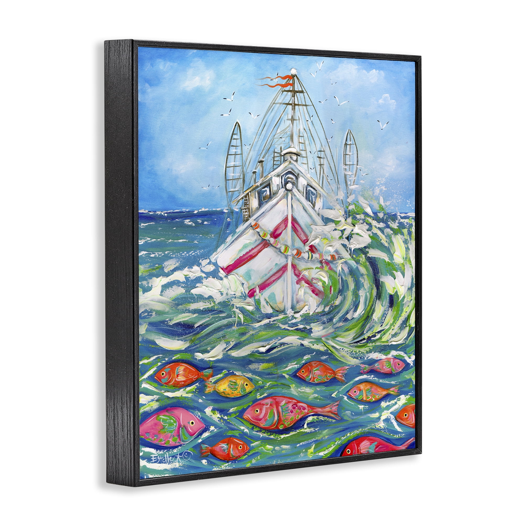Stupell Industries Boat Net Splashing Transportation Painting Black Framed Art Print Wall Art, 11 x 14