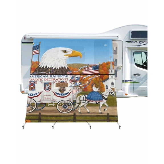 4th of July RV Awning Sun Shade Screen 9'X7' Bald Eagle Horse Carriage Mesh Sunscreen American Village Scene Awning Shade Screen with Zipper UV Blocker Completed Kits for RV Motorhome Camper