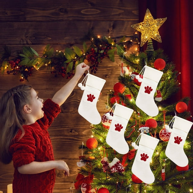 Medias navideñas para niños | Diseño de huella bordada de punto | Bolsa de regalo navideña de poliéster | Media de Papá Noel de 27 x 42 cm para decorar la chimenea o el árbol