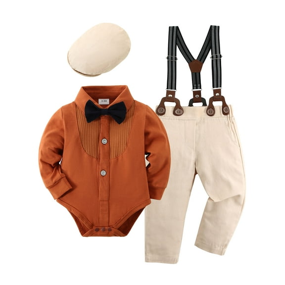 Infant Baby Boy Clothes Gentleman Outfit Suits Bowtie Bodysuit Shirts Suspender Pants Hat 0-18M 4pcs