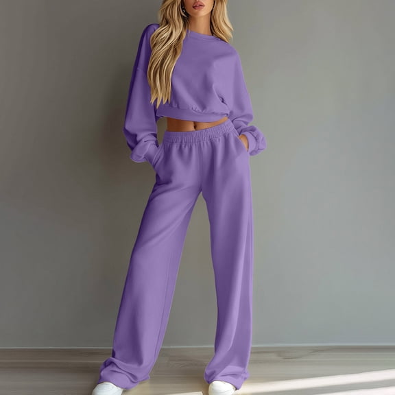 BRELIL Women's Two Piece Outfits Round Neck Long Sleeve Crop Top Wide Leg Pants Casual Lounge Set Solid Knit Tracksuit for Fall Winter Travel Matching Lounge Wear, Purple L