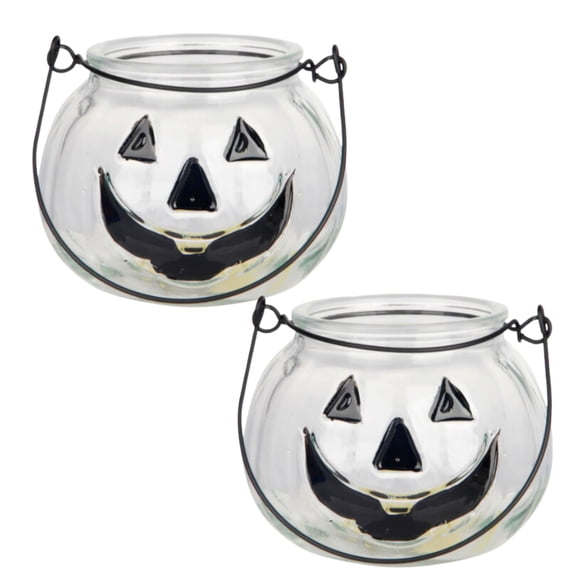 Halloween Pumpkin White Glass Tealight Candle Holder 4Inches Halloween Decor Displays Spooky Pumpkin Candle Centerpiece Lighting Flowerpot Trick or Treat Candy Holder Festival Haunted Houses Pack of 2