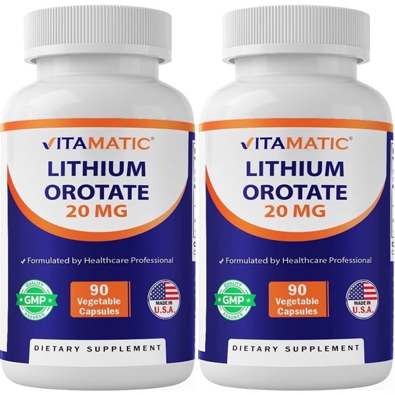 Vitamatic Lithium Orotate 20mg, 90 Capsules - Veggie Caps, Non-GMO, Gluten Free - 2 Pack