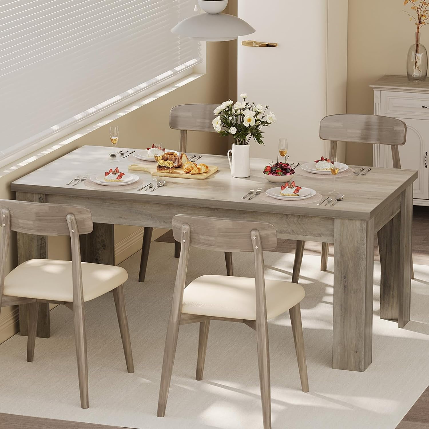 Dining Table for 4-6, 63" Wood Farmhouse Rectangular Thickened Dinner Dining Room & Kitchen Table for 4 for Apartment, Small Space, Rustic Gray