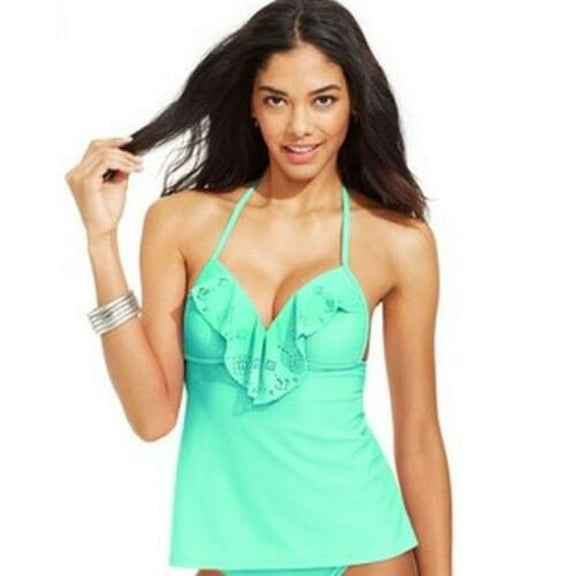 Hula Honey AQUA Seafoam Laser-Cut Ruffle Halter Tankini Swim Top, US X-Small