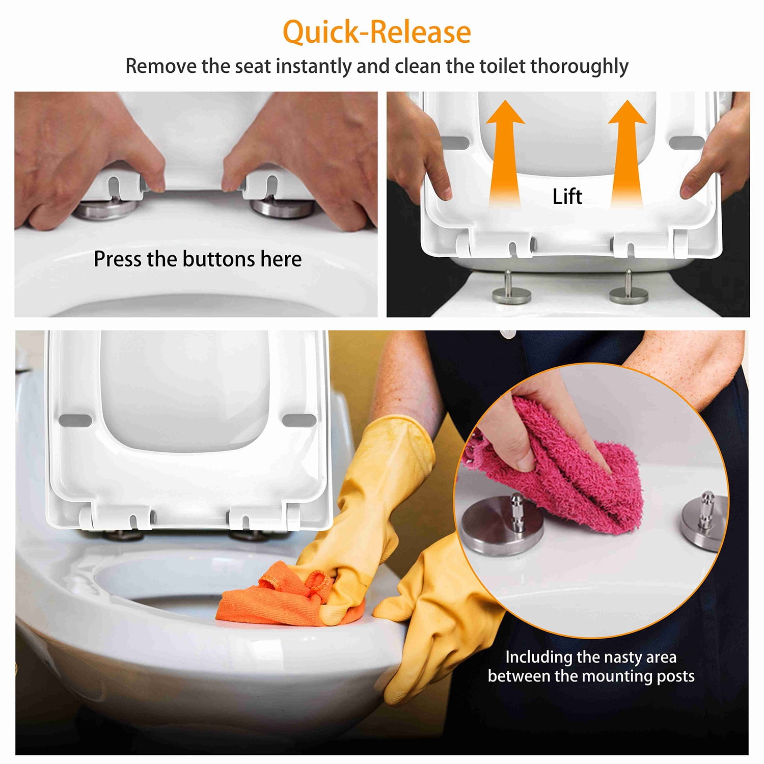 Seat Square Toilet Seat Heavy Duty Seat Toilet Seat Bumpers Quick-Release White