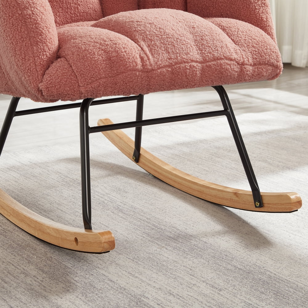 DECMAY Glider Chair for Living Room, Tufted Upholstered Teddy Fabric Rocking Accent Chair with Metal Frame and Wooden Legs